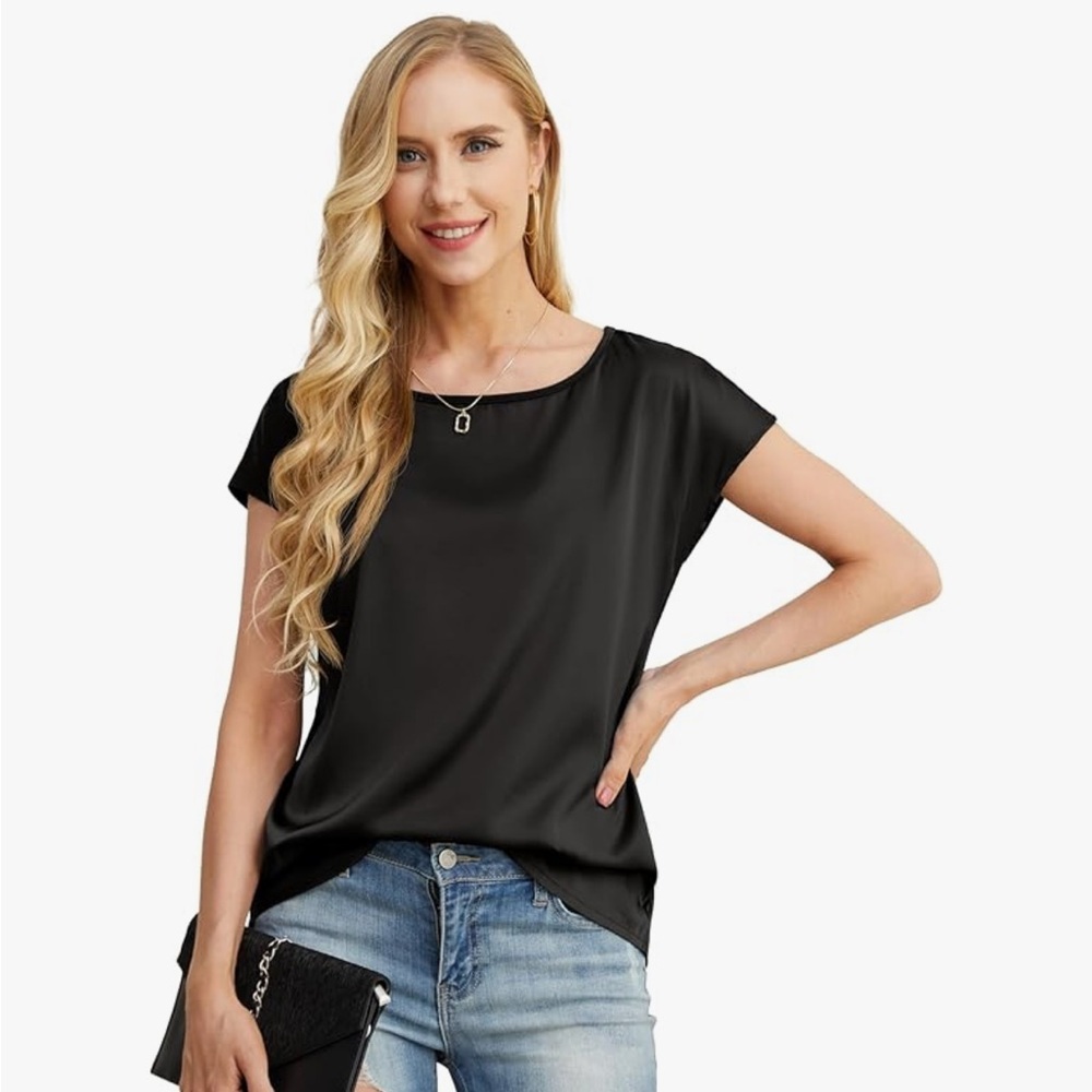 Womens Black Satin Cap Sleeve Top Size M Goth Office Party Career Casual NWT